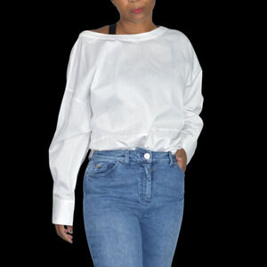 Harshman Anthropologie Cotton Blouse White Shirt Tie Button Back Oversized Small